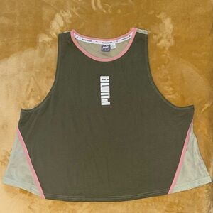 PUMA Olive Green Tank Top with Pink Accents and Mesh Back